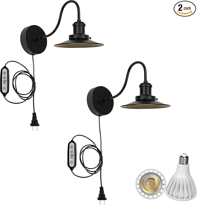 2-Pack Hook Mounted Plant Light Full Spectrum 6000K 25W White Light Timing Plug in Cord Industrial Style Goose Neck Wall Lamp for Indoor Plants Flowers Growing