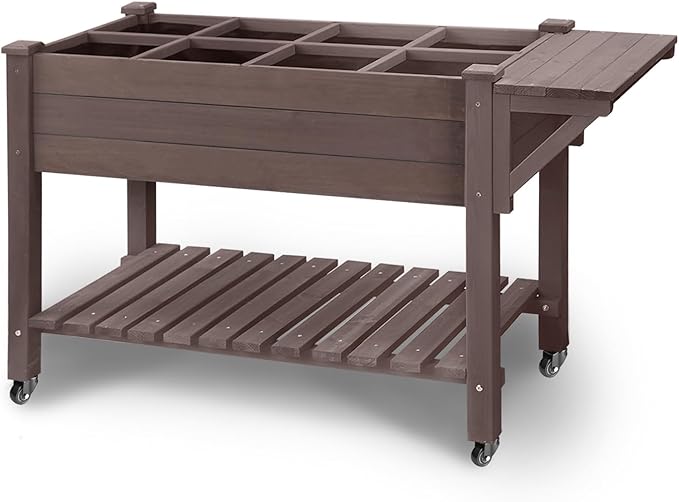 GUTINNEEN Raised Garden Bed Outdoor with 8 Planter Boxes Wooden Elevated Garden Bed with Legs Wheels Side Workbench and Storage Shelf for Plants Vegetables Flowers Herbs