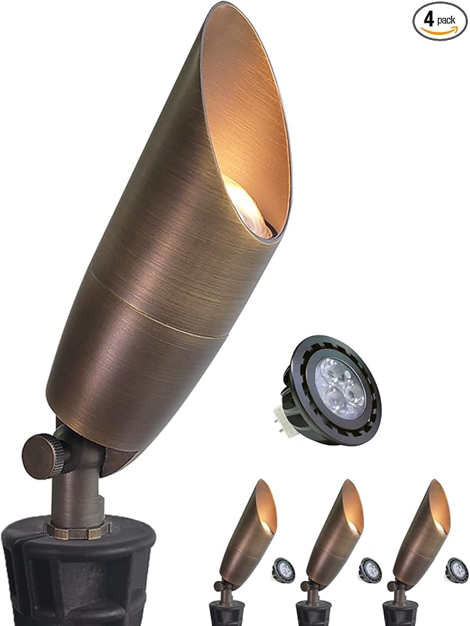 MALORY Solid Brass Landscape Spotlight 4-Pack with Bulb(S06) Low Voltage Front and Backyard Landscape Lighting with Large Rugged Slot Spike &amp Wire Connector12V AC/DC Garden Patio Spot Up Light