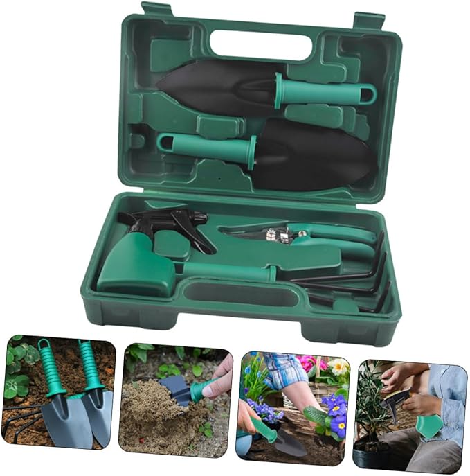 5pcs Garden Tool Set with Steel Shovel Rake Pruning Shears and Portable Carrying Case for Outdoor Planting and Flower Gardening