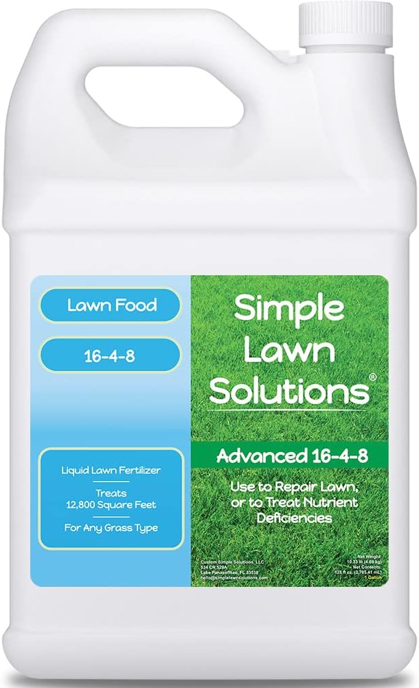 Advanced 16-4-8 Lawn Fertilizer - Liquid Lawn Food Spring &amp Summer Concentrated Spray - Any Grass Type- Fish and Seaweed Kelp- Balanced NPK - Simple Lawn Solutions (1 Gallon)