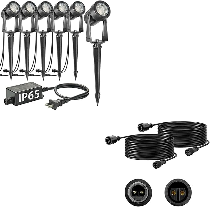 SUNTHIN 6 Pack Warm White Landscape Lighting with 2pcs 6.5FT Extension Cord for Outdoor Extend The Illumination Range