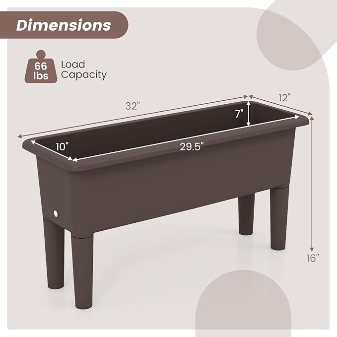 Raised Garden Bed Set of 2 31.5 x 12 x 16 Self-Watering Planter Box w/Removable Legs &amp Drainage Holes Plastic Rectangular Garden Bed for Flowers Herbs Backyard Patio Balcony (Coffee)
