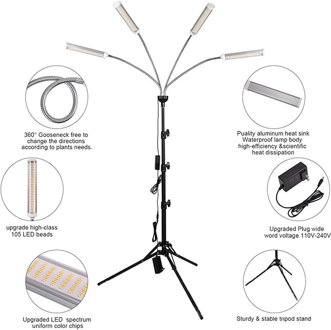 Grow Lights with Stand LED Grow Light for Indoor Plants Plant Light Full Spectrum 420 LEDs 4 Heads Sunlike Full Spectrum Plant Light for Seedings with Adjustable Tripod