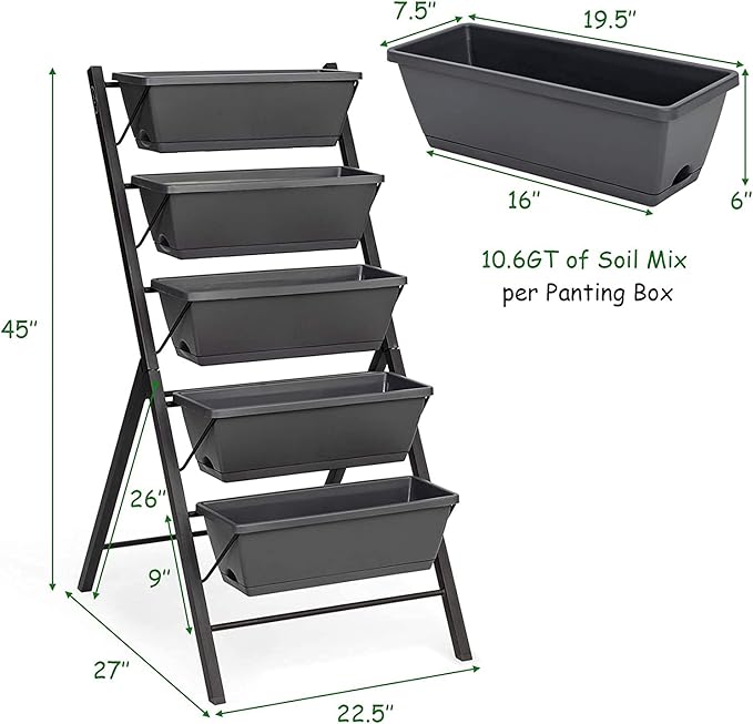 GRAFFY Vertical Raised Garden Bed 5 Tier Elevated Flower Planter Raised Beds with Water Drainage Vertical Garden Planter Freestanding Raised 5 Container Boxes for Balcony Patio Backyard