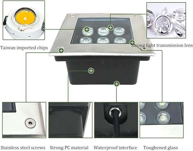 Square LED Spotlight - 12V Waterproof Inground Landscape Lights IP67 Outdoor Buried Lighting
