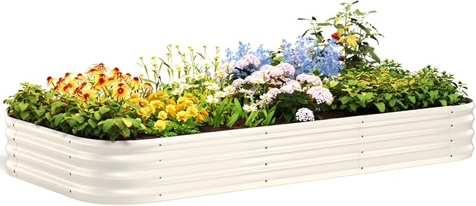 Quictent Galvanized Raised Garden Bed Kit 8x4x1 ft Oval Metal Planter Box for Vegetables Strengthened by Crossbar Beige
