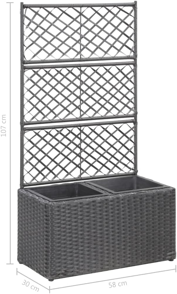 Trellis Raised Bed Poly Rattan with 2 Pots Black Planter Box with Trellis Free Standing Garden Raised Bed for Flower Climbing and Hanging Plants 22.8x11.8x42.1