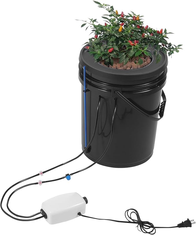 Happybuy DWC Hydroponics Grow System 5-Gallon Deep Water Culture with Top Drip Kit Air Pump Air Stone Water Level Device for Leafy Vegetables (1 Bucket)