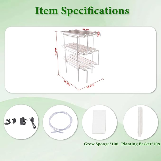 Hydroponic Grow Kit 3 Layer 108 Plant Sites 12 Food-Grade PVC-U Pipes Hydroponics Planting System with Water Pump Pump Timer Nest Basket and Sponge for Leafy Vegetables