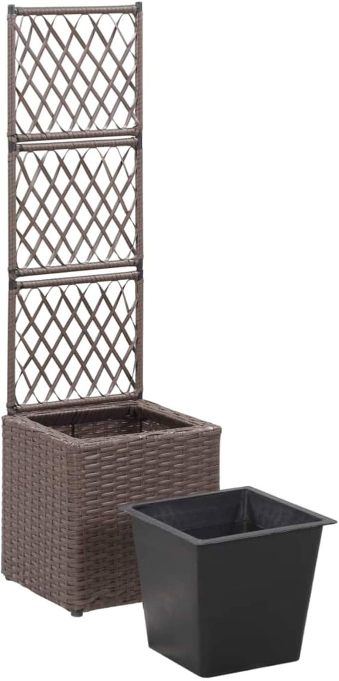 Raised Bed with Trellis 1 Pot 30 x 30 x 107 cm Poly Rattan Brown Planter Balcony Raised Bed Kit Greenhouse Wood