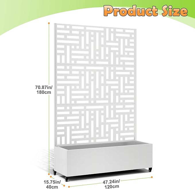 Metal Raised Garden Bed with Trellis 2-in-1 Planter Box &amp Privacy Screen for Climbing Plants Outdoor Standing Flower Bed with Drainage Holes 47.2 L x 16.7 W x 70.8 H White-Helen