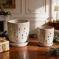 Handmade Ceramic Planter Set of 2 8 6 Diameter Beige with Vertical Stripes Oval Holes for Orchids Herbs IndoorOutdoor Shelf Table Use Breathable Clay