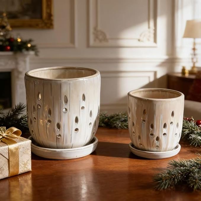 Handmade Ceramic Planter Set of 2 8 6 Diameter Beige with Vertical Stripes Oval Holes for Orchids Herbs IndoorOutdoor Shelf Table Use Breathable Clay