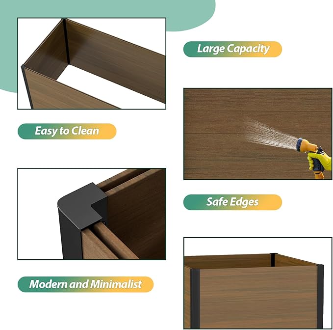 Modular Raised Garden Bed - Expandable Design with Composite Panels &amp Aluminum Frame - Perfect for Flowers Vegetables Herbs - Outdoor Planter Cuboid Box for Patio Balcony Backyard (Brown)