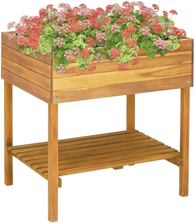 Acacia Wood Raised Garden Planter Box with Shelf – 30.9x23x30.9 Outdoor Flower Bed for Vegetable Plant &amp Herb Gardening - Large Tall Planter Boxes
