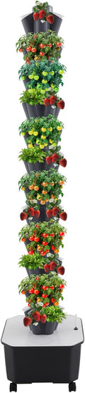 Hydroponic Growing Tower 12 Layer 60 Pods Vertical Garden Kit with Water Pump &amp 6.6Gal Water Tank Hydroponic Tower Growing System with 4 Wheels for Vegetables Strawberries Lettuce