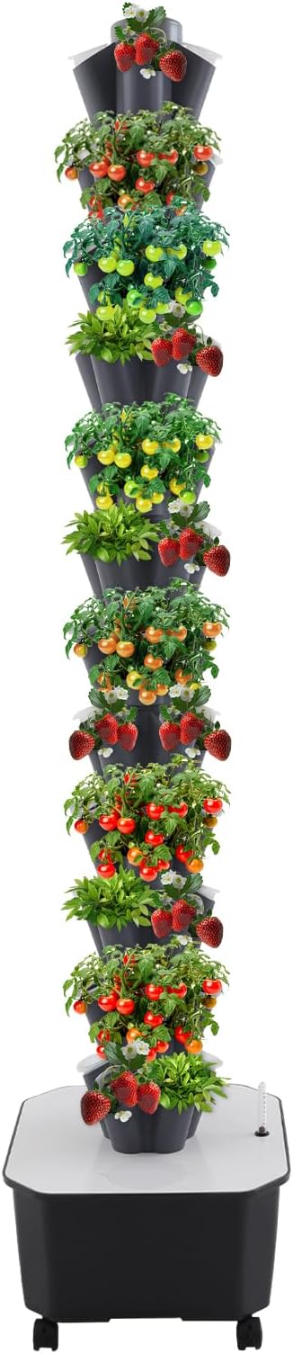 Hydroponic Growing Tower 12 Layer 60 Pods Vertical Garden Kit with Water Pump &amp 6.6Gal Water Tank Hydroponic Tower Growing System with 4 Wheels for Vegetables Strawberries Lettuce