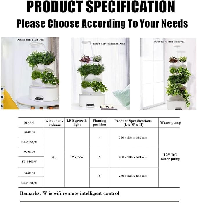 Hydroponics Growing System with Remote Control Vertical Indoor Garden Smart Self-Watering Pot with LED Grow Light