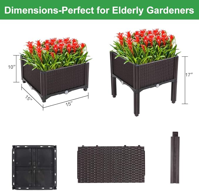 VINGLI Square Raised Garden Bed Self-Watering Plastic Planter for Indoor Outdoor Vegetables Fruits Potato Flowers All Weather (2 Pcs)