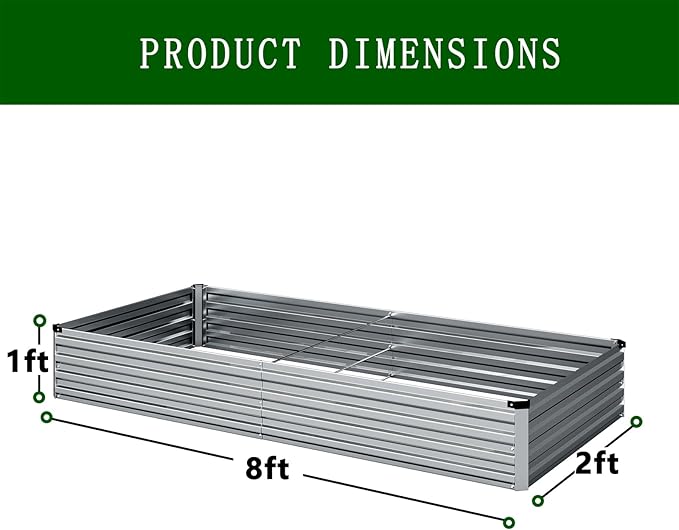 8×2×1FT(2PCS) Galvanized Raised Garden Bed Kit Metal Planter BoxesLarge Outdoor Planters Garden for Planting VegetablesFlowersHerbs -Silver