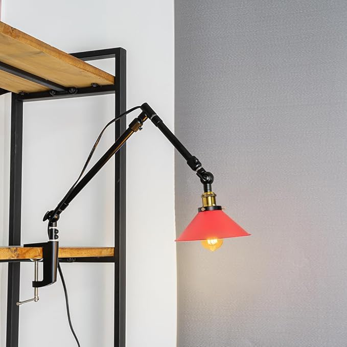 Clip Mount Plant Growing Stand Socket Light E26 Base 15Ft Timer Switch Cord Adjustable Length Red Shade for Indoor Desk Or Shelf Plants(No Bulb)