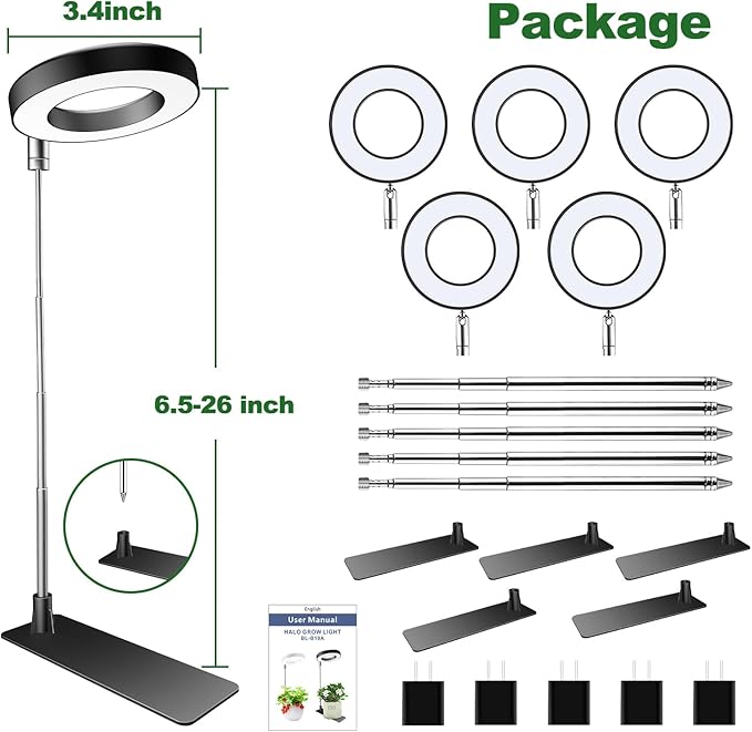 Grow Lights for Indoor Plants Full Spectrum Plant Lights for Indoor Growing Height Adjustable Halo Grow Light with Base 3 Optional Spectrums Auto Timer 3/9/12Hrs 10 Brightness 5 Pack