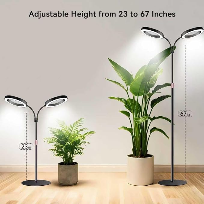 Dual-Head Grow Lights for Indoor Plants Full Spectrum Plant Lights with 23.5-67 Adjustable Height Stand 3 Growing Modes with Timer 3/9/12H Dimmable Halo Grow Lights for Large Tall Plants