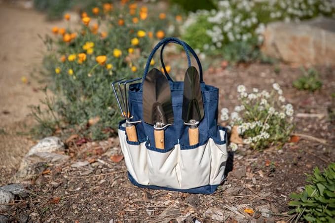 Picnic TIME Disney Mickey Mouse &amp Minnie Mouse Garden Bag with Tool Set Garden Tool Organizer Bag Gardening Tools Gifts for Women and Men (Navy Blue with Beige Accents)