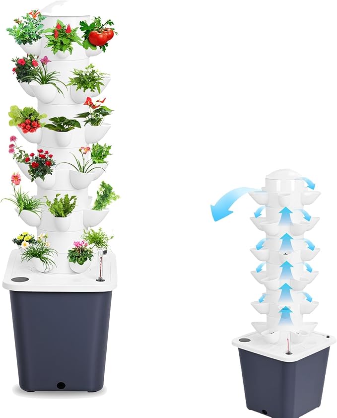 Vertical Hydroponics Garden Tower 30-Plant Hydroponic Growing System with 10L Tank 6 Layers Vertical Planter Towe Hydroponic Tower Garden Automatic Watering for Home Indoor Gardening System Black