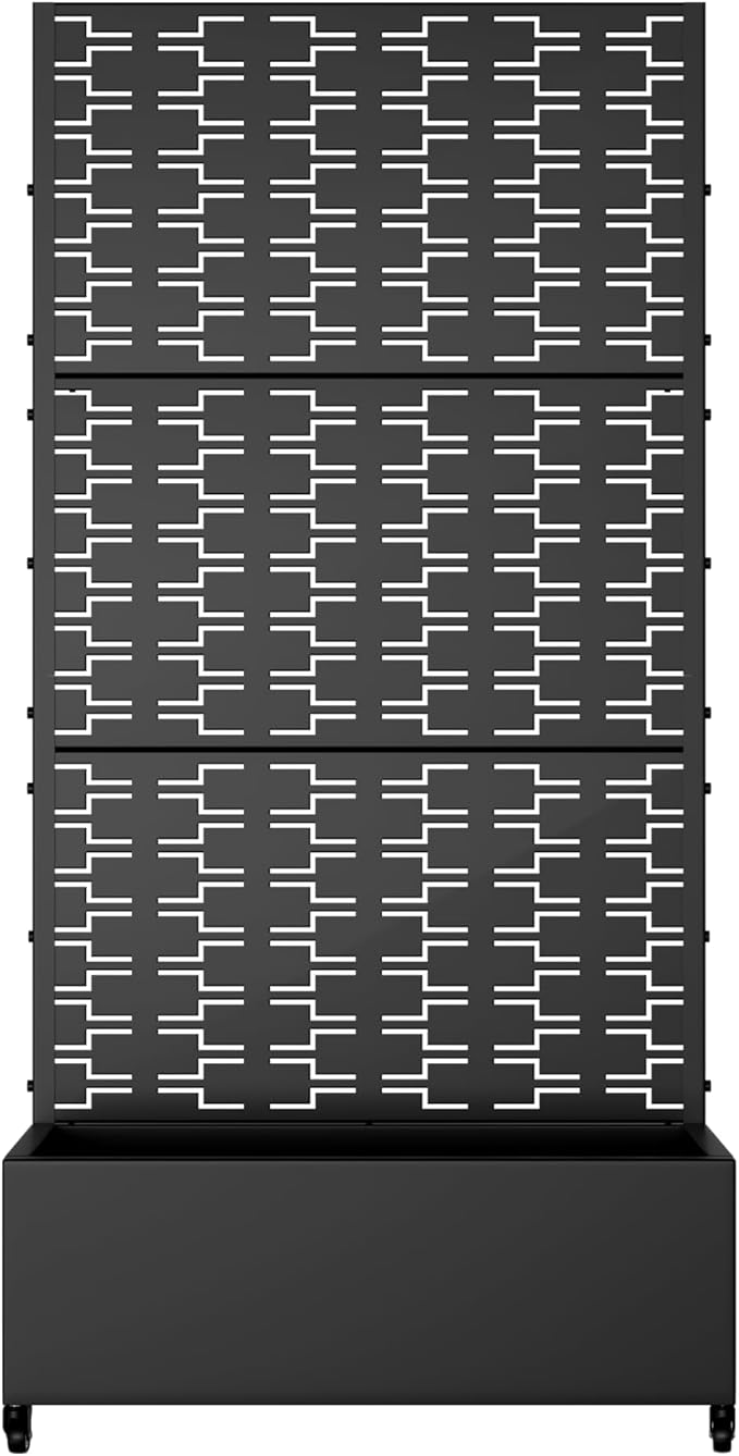 Casaphoria Metal Raised Garden Bed with Trellis and Wheels 72x35x16 Planter Box for Climbing Plants Vegetables &amp Vines Features Drainage Holes and Privacy Screen (Black-Brick)