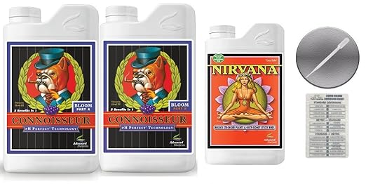 Advanced Nutrients Connoisseur Bloom A &amp B 4 Liter &amp Nirvana 4 Liter Bundle with Conversion Chart and 3mL Pipette