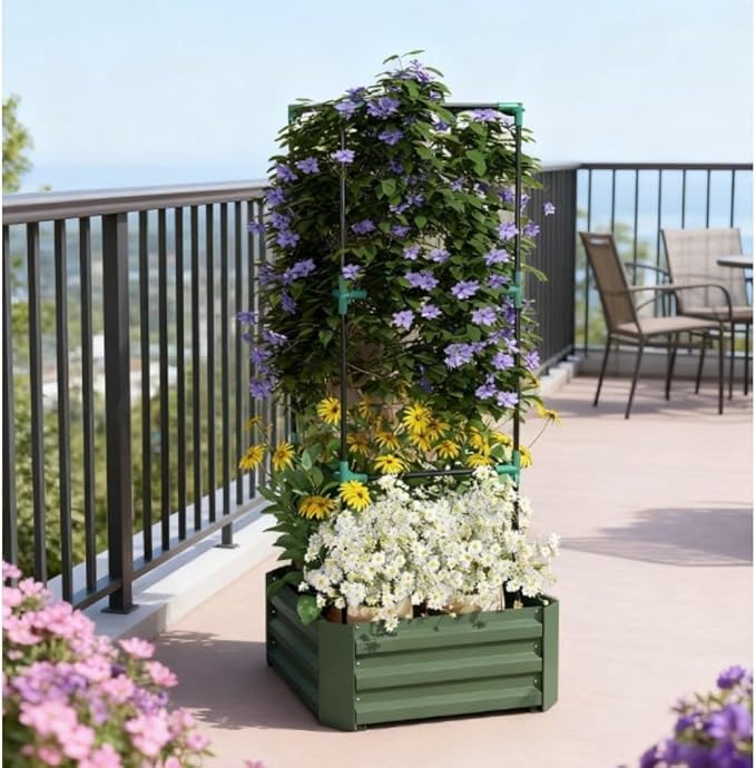 Heavy-Duty Galvanized Steel Raised Garden Bed with Built-in Trellis Support for Climbing Plants and Vegetables (Green + Steel)