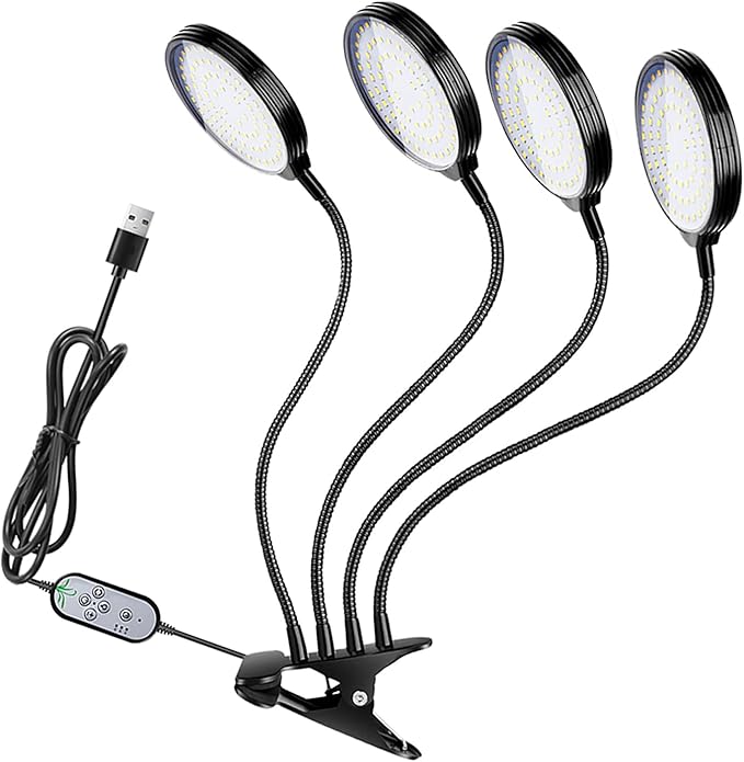 156 LEDs Full Spectrum Adjustable ClipOn Plant Growing Lamp – 5 Dimmable Levels &amp Timer for Indoor Plants (4 Heads)