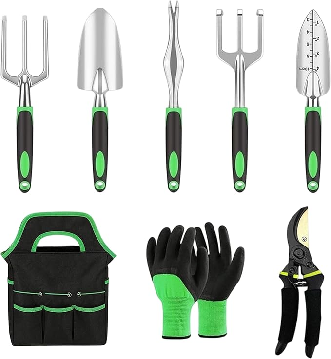 Garden Tool Set - 8 Piece Stainless Steel Plant Supplies Kit Floral Hand Tools for Weeding Loosening Soil Transplanting Cleaning Pruning