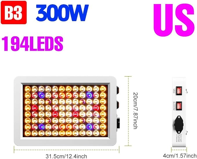 LED Full Spectrum Plant Panel Light 300W UV IR Indoor Growing Lamps AC110V Sunlike Veg/Bloom Modes Dimmable Planting Fill Lamp Red Blue Greenhouse Tent Growth Box Hydroponic Lighting with Hook US Plug