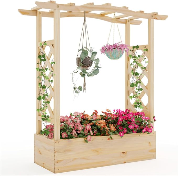 Pine Wood Garden Bed with Trellis Wooden Planter BoxArden Bed with Sided Trellis &amp Hanging Roof Wood Planter Box Freestanding Garden Planter Raised Bed for Flowers Herbs Climbing Vines