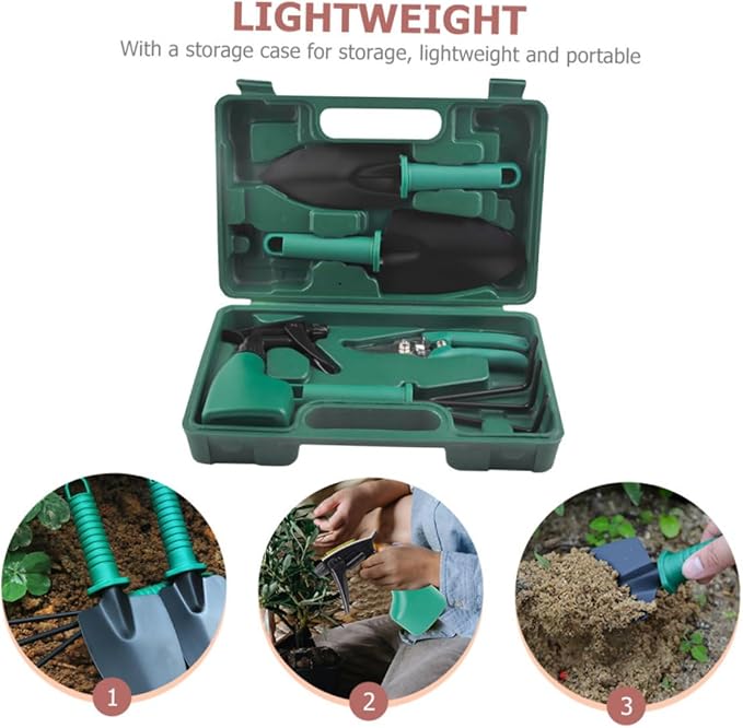 Garden Hand Tool Set with Stainless Steel Shovel Rake and Pruner 5pcs Portable Gardening Supplies Kit with Carrying Case for Planting and Yard Work