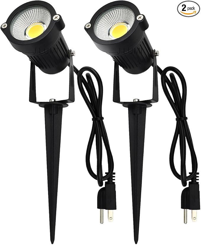 GSS6005 Plug in Spotlight Outdoor 5W LED Landscape Spotlight 120V 3000K Warm White Metal Construction with Ground Stake 3ft Cord and Plug Black (Pack of 2)