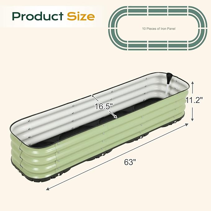 Aoodor Galvanized Raised Garden Bed 63'' Self-Watering Planter Box with Drainage Plug and Water Reservoir for Indoor &amp Outdoor Gardening Self-Watering Pot for Balcony Patio Backyard Green