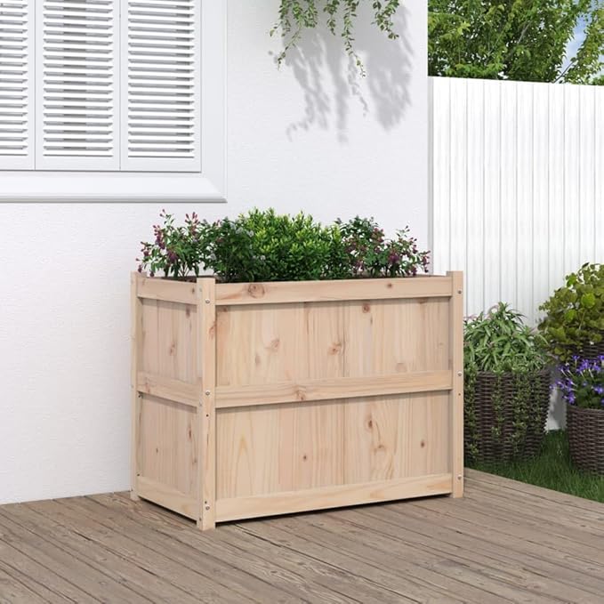 Garden Planter Natural Solid Pine Wood 35.4x19.7x27.6 Inch Raised Garden Bed Rectangular Outdoor Planter Box for Patio Balcony Herbs Flowers