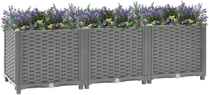 Light Grey Polypropylene Raised Garden Bed 47.2x47.2x15.0 inch Planter for Outdoor Plants Durable Basketweave Textured Finish Easy Assembly for Patio Deck Balcony
