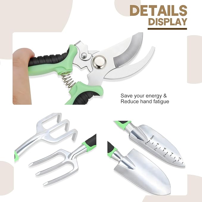 Green Garden Tools Set 12-Piece Heavy Duty Steel Gardening Tools with Canvas Water-Proof Storage Bag 12 Trowel Transplanter Weeder with Non-Slip Soft Handles Perfectly Meets Your Various Needs