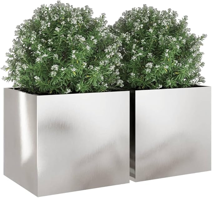 2-Pack Silver Stainless Rectangular Planter 18.5x19.3x18.1 in Balcony Patio Indoor Garden Box