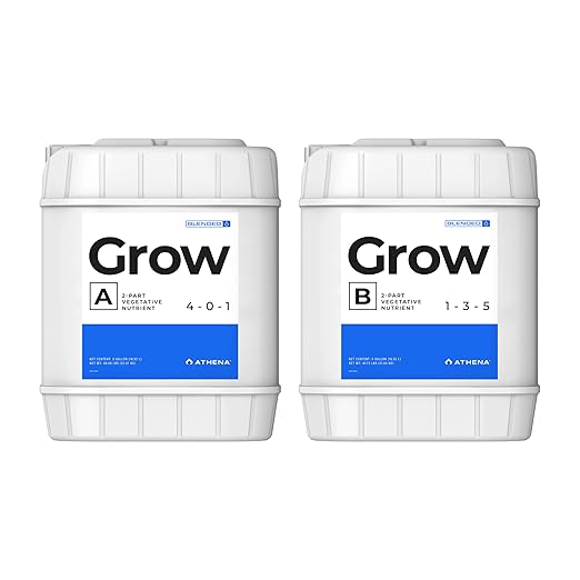Athena Blended Grow A&ampB | 2-Part Vegetative Liquid Fertilizer for Hydroponics &amp Soil | Plant Food for Veg Stage Growth | NPK A 4-0-1 | B 1-3-5 | 5 Gallon