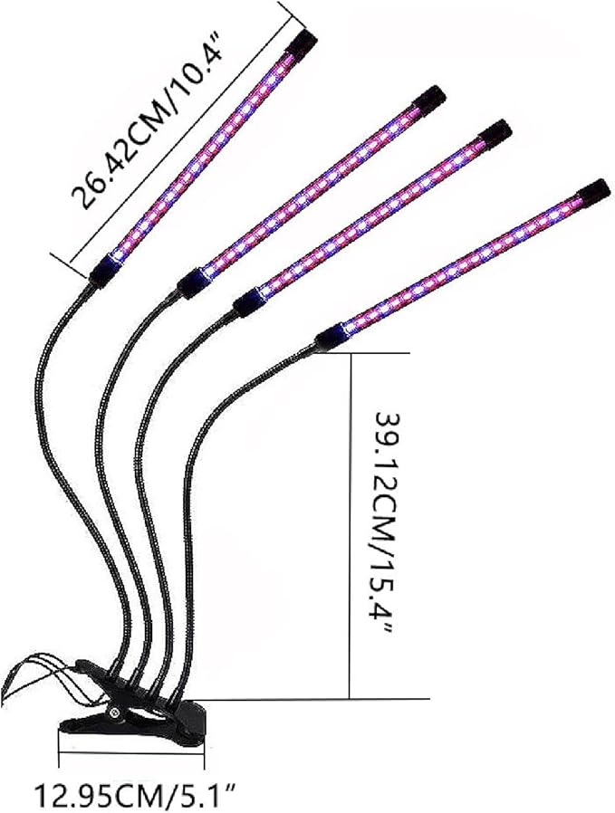 SagaSave LED Grow Light for Indoor Plants Full Spectrum Clip Plant Growing Lamp with 3 Light Modes and 3 Timing Levels 3/9/12 Hr Auto On Off (4 Head)