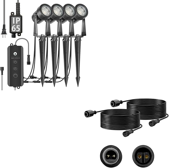 SUNTHIN 4 Pack Landscape Lighting with Dusk to Dawn Sensor Controller Bundle with 2pcs 6.5FT Extension Cord