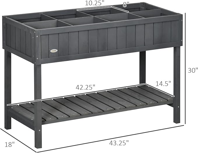 Outsunny 43x18x30in Raised Garden Bed with 8 Pockets and Shelf Wooden Elevated Planter Box with Legs to Grow Herbs Vegetables and Flowers Dark Gray