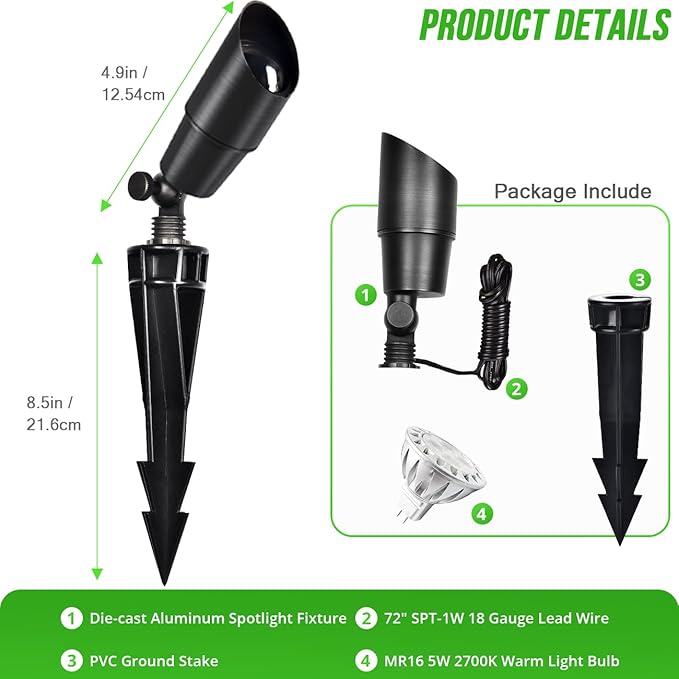 wowlite Matte Black Aluminum Outdoor Spot Lights with 4 Light Bulbs 5W 2700K Warmlight 12V Low Voltage Landscape Lighting Fixture IP65 Waterproof LED Uplights for Garden Courtyard Pathway 4 Pack