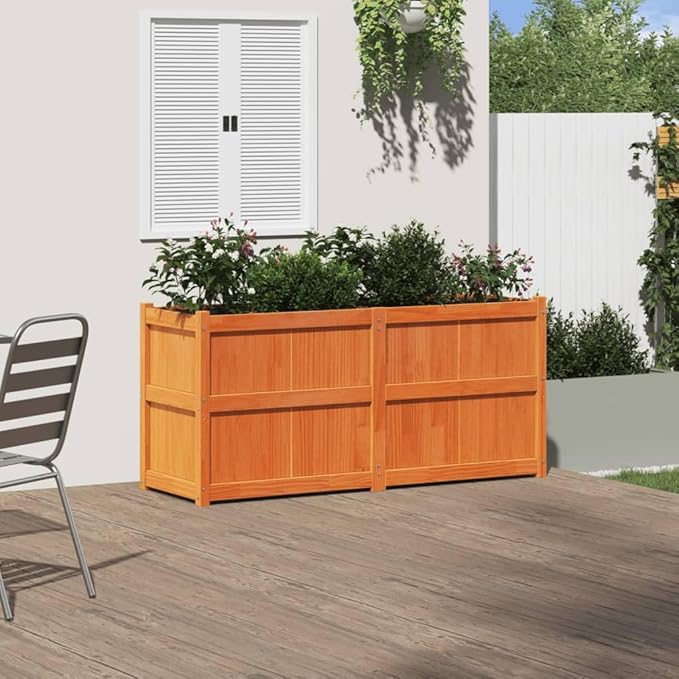 Wax Brown Solid Pine Wood Garden Planter 59.1x19.7x27.6 in Rectangular Raised Garden Bed for Outdoor Plants Balcony &amp Patio Gardening
